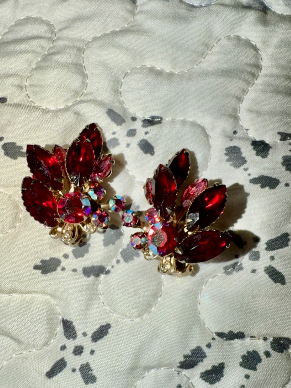 Red Crystal Cluster Clip-On Earrings - Gold Tone